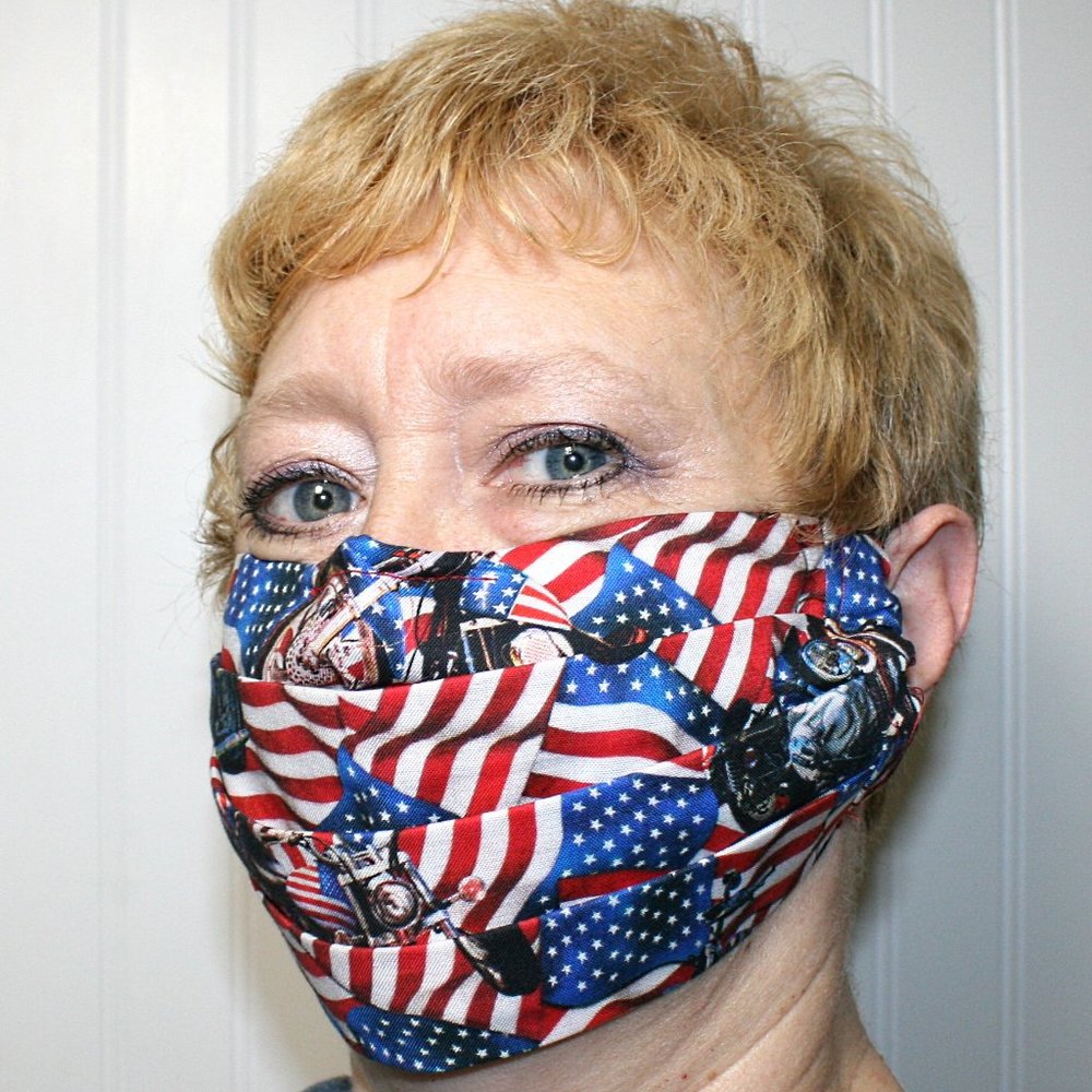 HAND CRAFTED Face Mask Biker American Flag Adult Cloth Fabric Print - Pocket